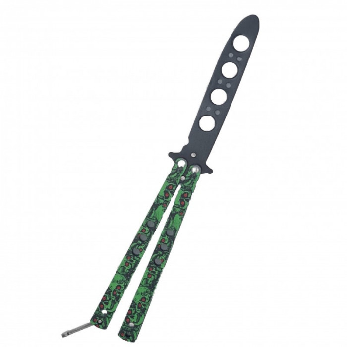 Cutit fluture Butterfly, Balisong 21.50cm, cap de mort verde M2, fara tais, de antrenament