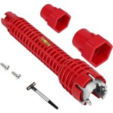 Cheie tubulara universala pentru instalatii sanitare, 3 capete interschimbabile, boloboc integrat, maner antiderapant, 25 x 4 cm, rosu