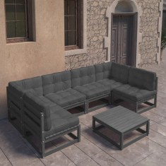 vidaXL Set mobilier grădină cu perne, 7 piese, negru, lemn masiv pin 3077183