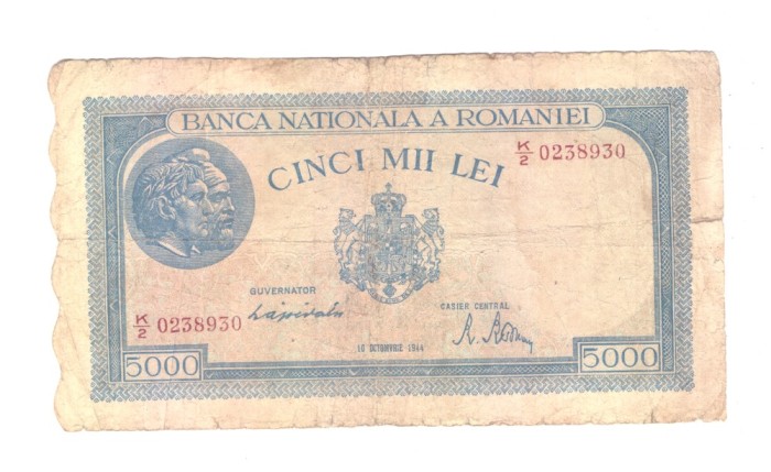 Bancnota 5000 lei 10 octombrie 1944, circulata, stare relativ buna