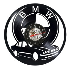 Ceas de perete decorativ realizat din disc de vinil, Model BMW Seria 5 E34 / Auto, Negru, 30 cm