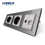 Cumpara ieftin Priza tripla Livolo gri cu rama din sticla, 2 prize simple si TV/internet