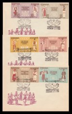 1958 Romania - 3 FDC Costume nationale (tripticuri dantelate cu viniete), LP 462 a