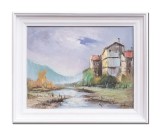 Cumpara ieftin Nicolae Ambrozie, tablou vechi din 1997 pictat manual inramat, Peisaj, 55x45cm ulei pe panza