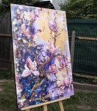 Cumpara ieftin Tablou impasto mov pictat manual, Creanga de magnolie, 100x70cm acril pe panza efect 3D, Kenny Varniote