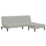Canapea extensibila cu taburet, 2 locuri, gri deschis, catifea