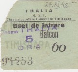 Bilet intrare Cinematografele Comunale Timisoara Thalia Balcon ND(1942)