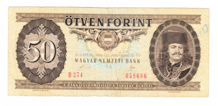 Bancnota Ungaria 50 forinti 10 ianuarie 1989, circulati, stare buna