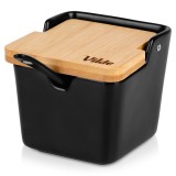 Recipient pentru zahar, sare sau alte condimente cu lingurita si capac din bambus, capacitate 250 ml
