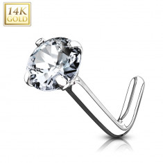 Piercing curbat, pentru nas, 0,8 mm, aur alb de 14K - zircon, transparent, diametru 3 mm