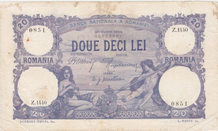 ROMANIA 20 LEI 1914 F