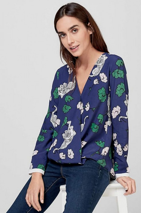 Bluza de dama cu maneca lunga si imprimeu floral si animal print, tigri, si decolteu cu inchidere parte peste parte, albastru, S