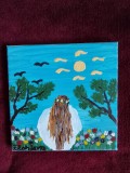TABLOU PE PANZA CU SASIU 20X20 CM O FATA PE CAMPIE ACRILIC PRET 20 LEI PICTOR FLORIAN