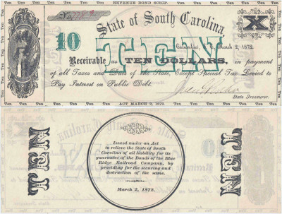 1872 (March 2), 10 Dollars (P-S3319) - Carolina de Sud - SUA - stare CU foto