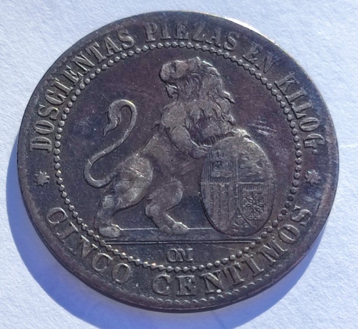 234. Moneda Spania 5 centimos 1870
