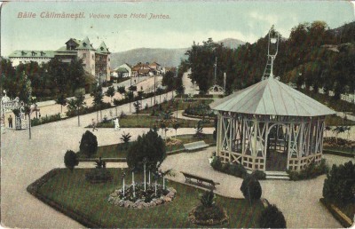CP719N Băile Călimănești, Vedere spre Hotel Jantea, Editura Ad Maier și D Stern, carte poștală circulată Călimănești &amp;ndash; Ploiești, 1910 foto
