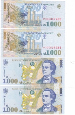 Romania 1 000 1000 Lei 1998 P-106 UNC Mihai Eminescu,x2 SERIE CONSECUTIVA foto