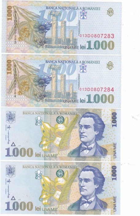 Romania 1 000 1000 Lei 1998 P-106 UNC Mihai Eminescu,x2 SERIE CONSECUTIVA