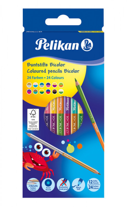 Creioane bicolor lacuit, set 12 bucati, 24 culori, sectiune rotunda, mina 3 mm