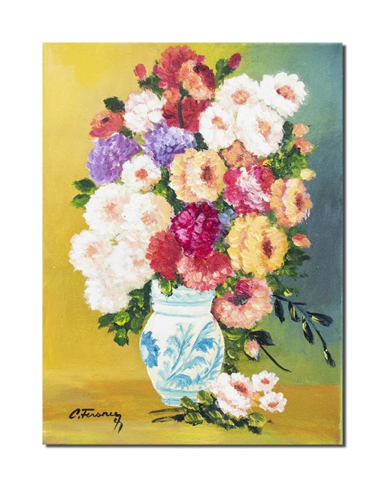 Tablou flori pictat manual, Vaza cu crizanteme, 40x30cm ulei pe panza, Constantin Feraru