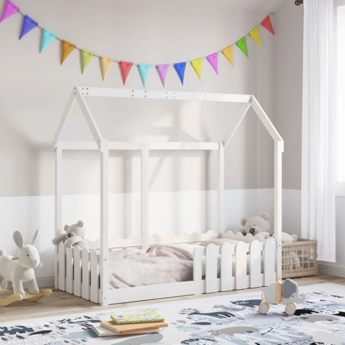 Cadru pat tip casă pentru copii alb 70x140 cm lemn masiv de pin