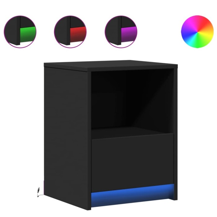 Noptiere cu lumini LED, 2 buc., negru, lemn prelucrat