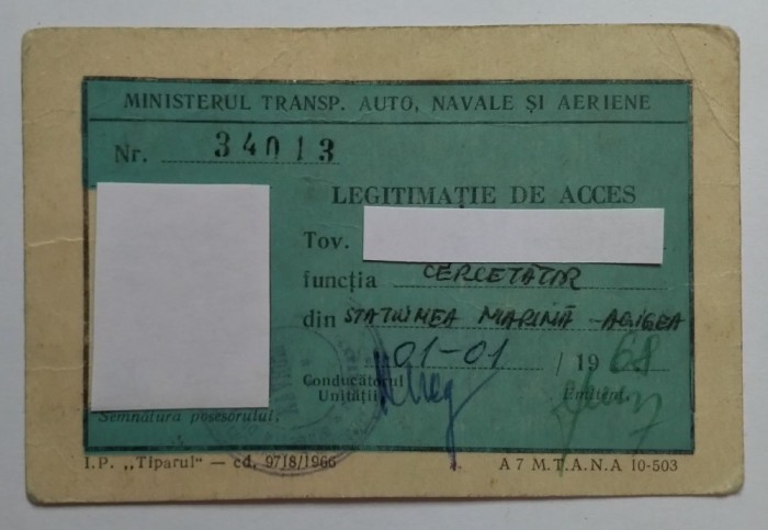 Legitimatie acces Stațiunea Marina Agigea, stampila Navrom Constanta, 1968