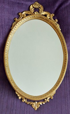 Oglinda ovala vintage din cristal, rama aurie lemn cu ornamente Rococo 97 x 56cm foto