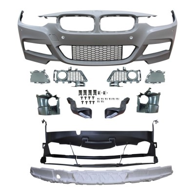 Set bara fata BMW Seria 3 (F30/F31), 2015-12.2019, cu 4 gauri senzori parcare; grunduit, de vopsit; type M-Tech; cu grile inferioare; cu conducte de foto