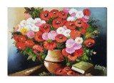 Cumpara ieftin Tablou pictat manual, Vaza cu maci, margarete si carte, 50x35cm pictura ulei pe panza, FABULOS
