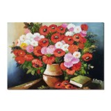 Tablou pictat manual, Vaza cu maci, margarete si carte, 50x35cm pictura ulei pe panza, FABULOS