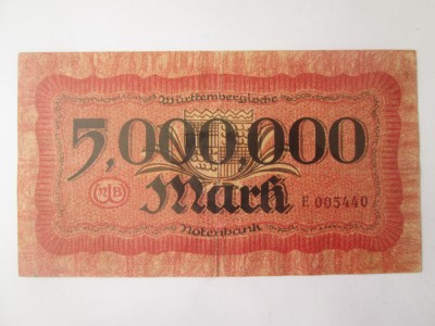 Rara! Germania-Wurttemberg Notebank Stuttgart 5 milioane Mark/Marci 1923 foto