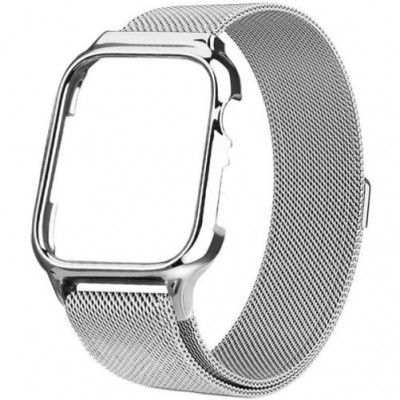 Curea iUni compatibila cu Apple Watch 1/2/3/4/5/6/7, 42mm, Milanese Loop, carcasa protectie incorporata, Silver foto