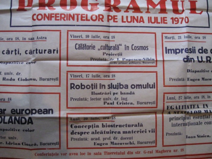 Afis vechi, SIBIU 1970, Programul Conferintelor pe luna iulie 1970, format mare