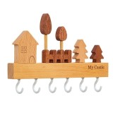 Suport pentru Chei, din Lemn, Aplicare fara Perforare, Adeziv Inclus, 6 Carlige Albe, Model Casuta, Greutate Suportata 5 kg, 14.5 x 2 x 22.5 cm, Maro