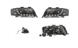 Set faruri Audi A6 (C5), 06.2001-01.2005, partea Stanga+Dreapta, Tuning, Fata, cu lumina de parcare LED; tip bec H1+H1; manual/electric; negru, trans, Rapid