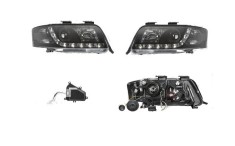 Set faruri Audi A6 (C5), 06.2001-01.2005, partea Stanga+Dreapta, Tuning, Fata, cu lumina de parcare LED; tip bec H1+H1; manual/electric; negru, trans foto