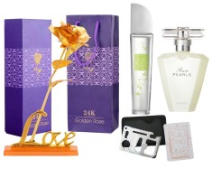 Set apa de toaleta Pur Blanca Hope 50 ml, apa de parfum Rare Pearls 50 ml, card multifunctional, de supravietuire si trandafir auriu cu suport si cuti