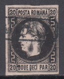 ROMANIA 1866/1867 LP 20 c CAROL FAVORITI 20 PARALE NEGRU/ROZ HARTIE SUBTIRE STAMPILAT