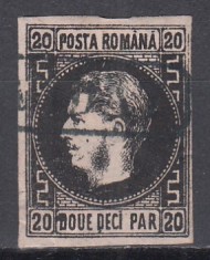 ROMANIA 1866/1867 LP 20 c CAROL FAVORITI 20 PARALE NEGRU/ROZ HARTIE SUBTIRE STAMPILAT