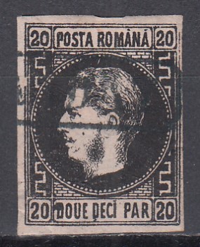 ROMANIA 1866/1867 LP 20 c CAROL FAVORITI 20 PARALE NEGRU/ROZ HARTIE SUBTIRE STAMPILAT foto