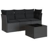 Set mobilier de gradina cu perne, 4 piese, negru, poliratan