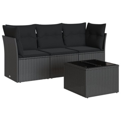 Set mobilier de gradina cu perne, 4 piese, negru, poliratan foto