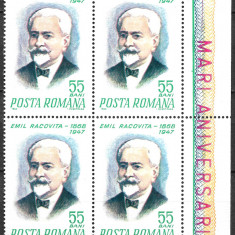 ROMÂNIA 1968 - LP 676 - NAȘTEREA LUI EMIL RACOVIȚĂ - SERIE MNH BLOC X4