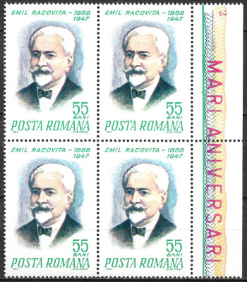 ROM&amp;Acirc;NIA 1968 - LP 676 - NAȘTEREA LUI EMIL RACOVIȚĂ - SERIE MNH BLOC X4 foto