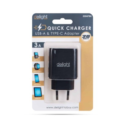 Adaptor de retea USB QC3.0 + USB Type C PD 20W cu incarcare rapida negru Delight 55047BK foto