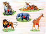 Puzzle incastru realizat din lemn, animalele din jungla, 5 piese, 30 x 22 x 1 cm