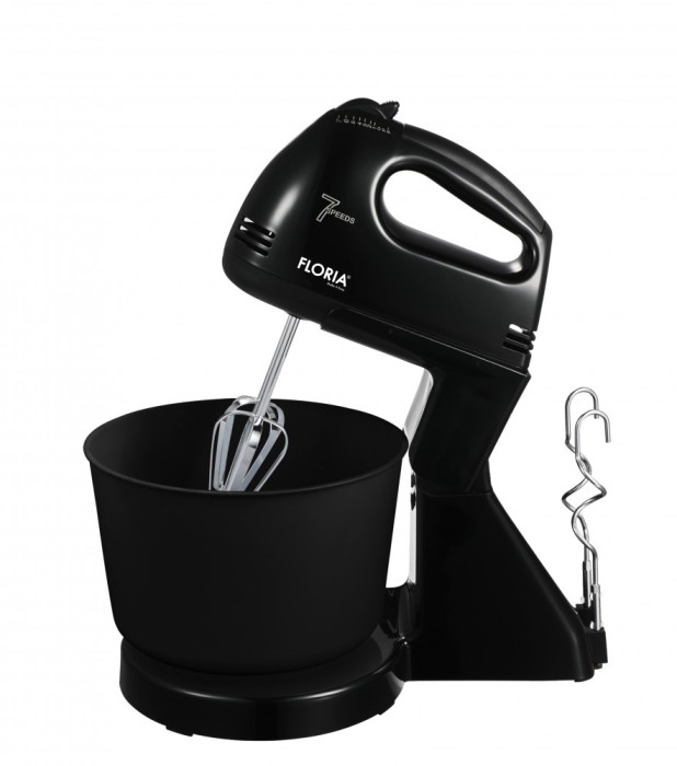 Mixer cu bol Floria ZLN-7574 Negru, 7 viteze, Bol plastic 2 Litri, Putere 150W, Negru