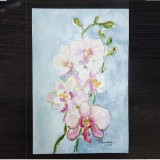 E130. Tablou, Orhidee Roz cu contur auriu, acuarela hartie, neinramat, 21x29cm