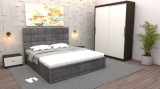 Dormitor Regal cu Pat Tapitat Gri stofa cu dulap usi glisante Wenge fara oglinda si fara comoda Tv